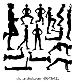 Vector silhouettes of woman doing exercises for the whole body. Slim girl in different poses isolated on white background.