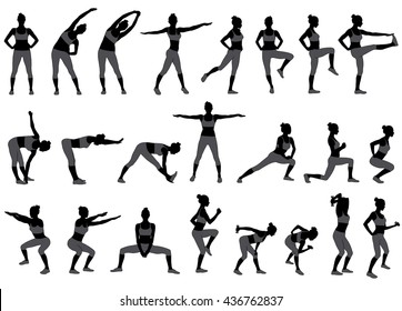 Vector silhouettes of woman doing sport workout in standing position. Training girl icons. Black silhouette of slim woman body in gray t-shirt and pants. 