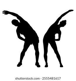 Vector silhouettes of woman and man doing exercises. Fitness workout illustration. Healthy life style.