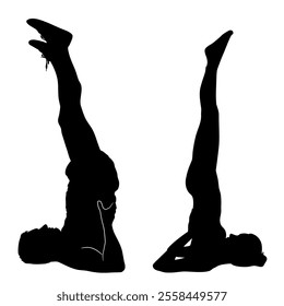 Vector silhouettes of woman and man stretching in yoga poses isolated on white background. 