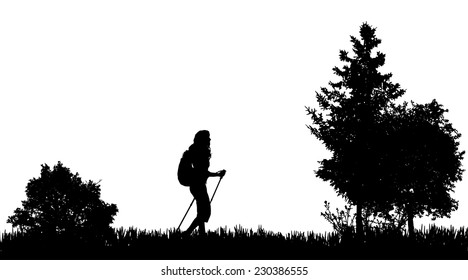 Vector Silhouettes Woman Nordic Walking Nature เวกเตอรสตอก ปลอดคาลขสทธ