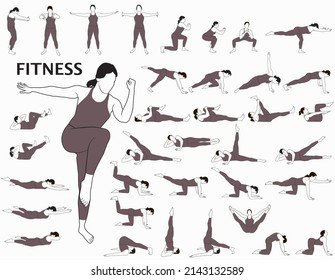 Siluetas vectoriales de mujeres practicando fitness y yoga. Conjunto de contornos vectoriales de una deportista disfrazada haciendo ejercicios y trabajo. Concepto de estilo de vida saludable. Iconos de fitness.