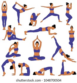 Vector silhouettes of woman practicing yoga. Colored shapes of slim girl in costume doing yoga exercises in different poses isolated on white background. Yoga icons.