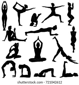 Vector silhouettes of woman practicing yoga. Shapes of slim girl doing yoga exercises in different poses isolated on white background. Yoga icons.