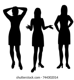 Vector silhouettes of woman standing, different poses,  black color, isolated on white background