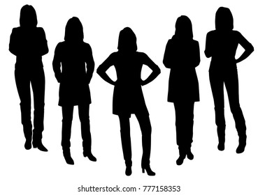 Vector silhouettes of woman standing, different poses, people, group women,  black color, isolated on white background