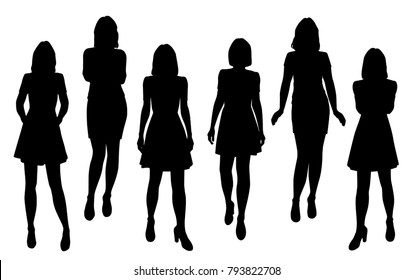 Vector silhouettes of woman standing, different poses, people, group women,  black color, isolated on white background