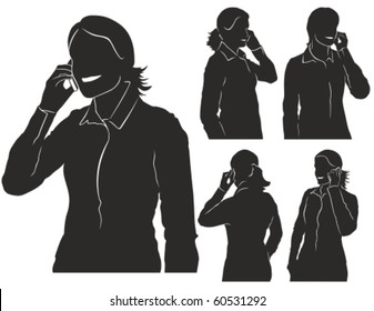 Vector silhouettes of woman talking on her mobile phone.