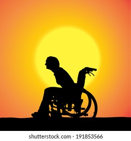 Vector silhouettes of woman in a wheelchair at sunset. 