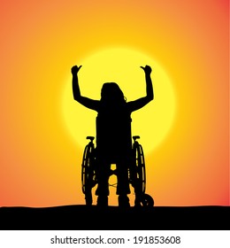 Vector silhouettes of woman in a wheelchair at sunset. 