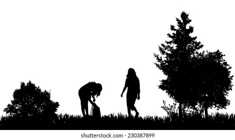 Vector silhouettes of women with a backpack in nature.