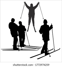 Vector silhouettes of women cross-country skiing in static poses. The skier raised her hands with ski poles. The girl is skiing half a turn. Two women met on the ski tracks talking. Amateur sport.
