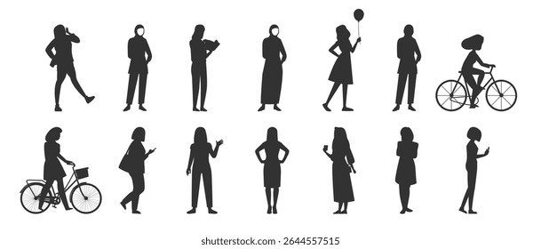 Silhuetas vetoriais de mulheres. Silhuetas de pessoas de negócios diversos em várias posas. Mulheres De Pé, Andando, Falando. Vetor definido em plano de fundo transparente