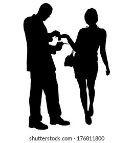 Vector silhouettes of women and men on white background.