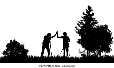 Vector silhouettes of women with nordic walking in nature.