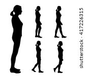 Vector silhouettes of women on a white background. Set of five silhouettes of a girl with a tail of hair. Profile of a girl or woman who goes leisurely. Silhouette of  man who stands straight. Walking