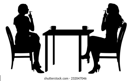 Vector silhouettes of women sitting at the table.