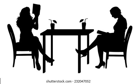 Vector silhouettes of women sitting at the table.