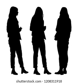 Vector silhouettes women standing, different poses,  business,  people, group,  black color, isolated on white background