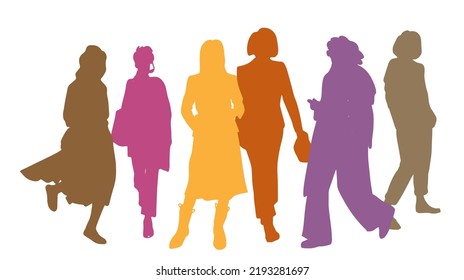 Vector silhouettes women standing, different poses, business, people, group, multicolor, isolated on white background