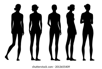 Silhouettes vectoriales de mujeres en diferentes poses, un grupo de figuras de jóvenes, perfil, color negro, aislado en un fondo blanco