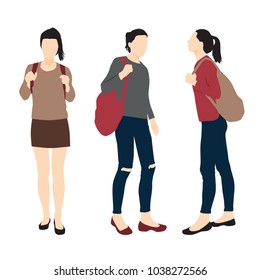 Vector silhouettes women standing and walking, with backpack, flat designe, cartoon characters,  people, group, different poses, colorful, isolated on white background