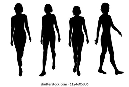 Vector silhouettes women standing and walking, different poses, people, group,  black color, isolated on white background