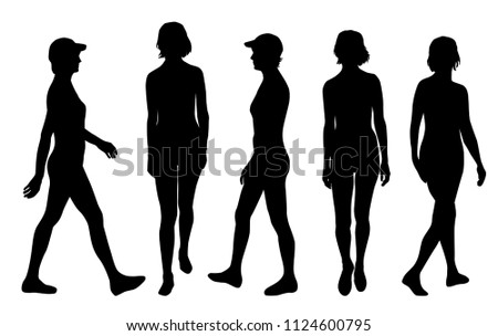 Vector silhouettes women standing and walking, different poses, people, group,  black color, isolated on white background