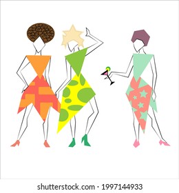 Vektor-Silhouetten von Frauen, drei Frauen ruhen sich auf Partys und trinken einen Cocktail, Sommerkleidung, Bilder und Mode, Figur-Silhouetten