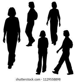 Vector silhouettes women walking, with backpack, business,  people, group,  black color, isolated on white background