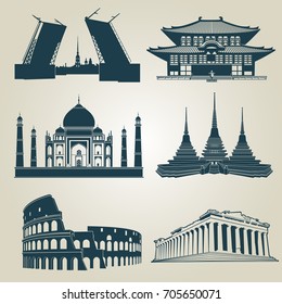 Vector silhouettes of world tourist attractions. Famous landmarks and destination symbols pantheon and taj mahal, coliseum and famous landmark illustration