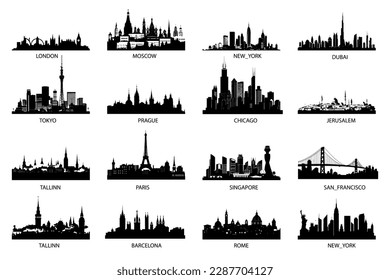 Siluetas vectoriales de los horizontes de la ciudad mundial.