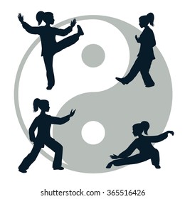 Silhouettes vectorial de una mujer de yang realiza algunas formas de tai chi 
