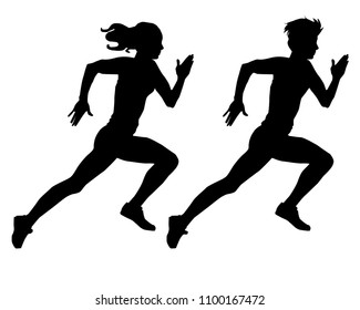 Vector silhouettes of  young athlets running down 