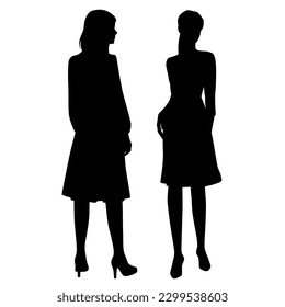 Vector silhouettes of a young attractive slender women in a summer dress, profile, standing, black color, isolated on a white background