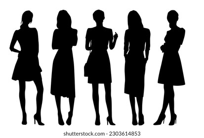 Vector silhouettes of a young attractive slender women in a summer dress, standing, black color, isolated on a white background