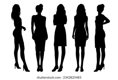 Silhouettes vectorial de una joven atractiva mujer delgada con un vestido de verano, de pie, de color negro, aislada en un fondo blanco