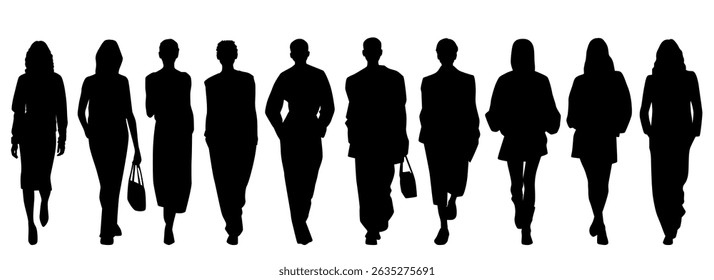 Vector silhouettes of a young attractive slender women, walking, front view, group business people, black color, isolated on a white background