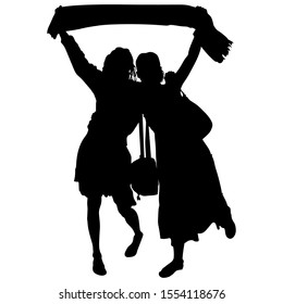 Vector silhouettes of young female tourist girls with a fan scarf raised above their heads. Scarf of a football fan. The girls in the dress are joyful and cheerful in the summer. Funny illustration.