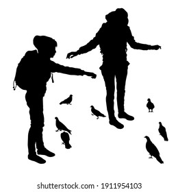 Vector silhouettes of a young girl in two versions feeding pigeons. Birds silhouettes isolated on white background.