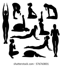 Vector silhouettes of young slim woman doing yoga stretching for spine. Positions for spine to make it flexible and strong. 