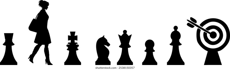 Vector silhouettes - Young woman goes her way - Tactics and strategy to the goal - Symbolic chess pieces on the way