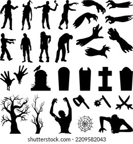 Vector silhouettes of zombies isolated on white background. Halloween