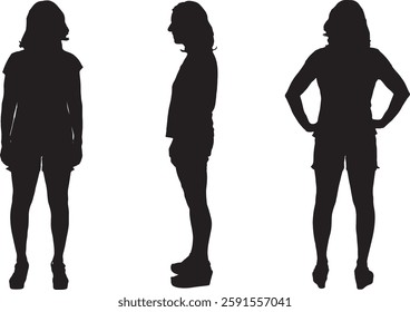 vetor; silhueta;vista lateral, frontal e traseira da mesma mulher de pé