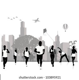 Vector silhouettes.Jogging in the city