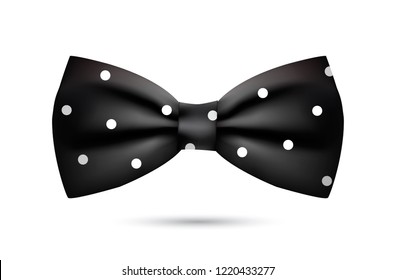 Vector silk black bowtie in polka dots. Isolated on white background.