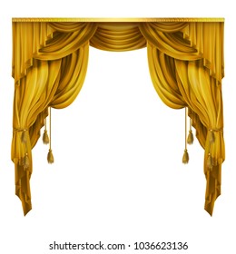 Vector silk, velvet theatrical curtain with folds, drape. Decoration element for performance, premiere. Golden elegant blinders. Great concept for presentation, announcement, show. Drapery background