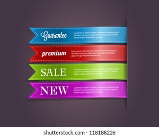 Vector silky ribbon tags collection Guarantee, Premium, Sale, New.