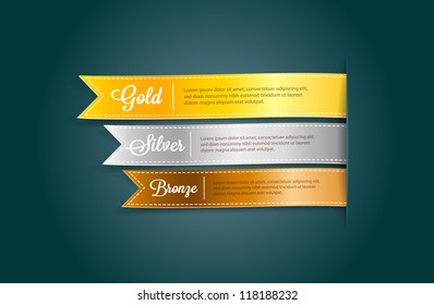 Vector silky ribbon tags collection. Gold, Silver, Bronze