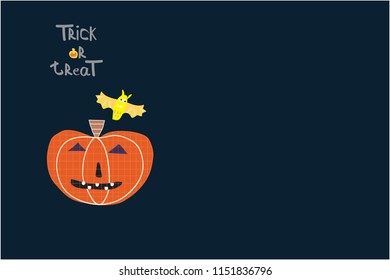 Vector of silly Halloween pumpkin and bat with trick or treat word.Orange on deep blue background 